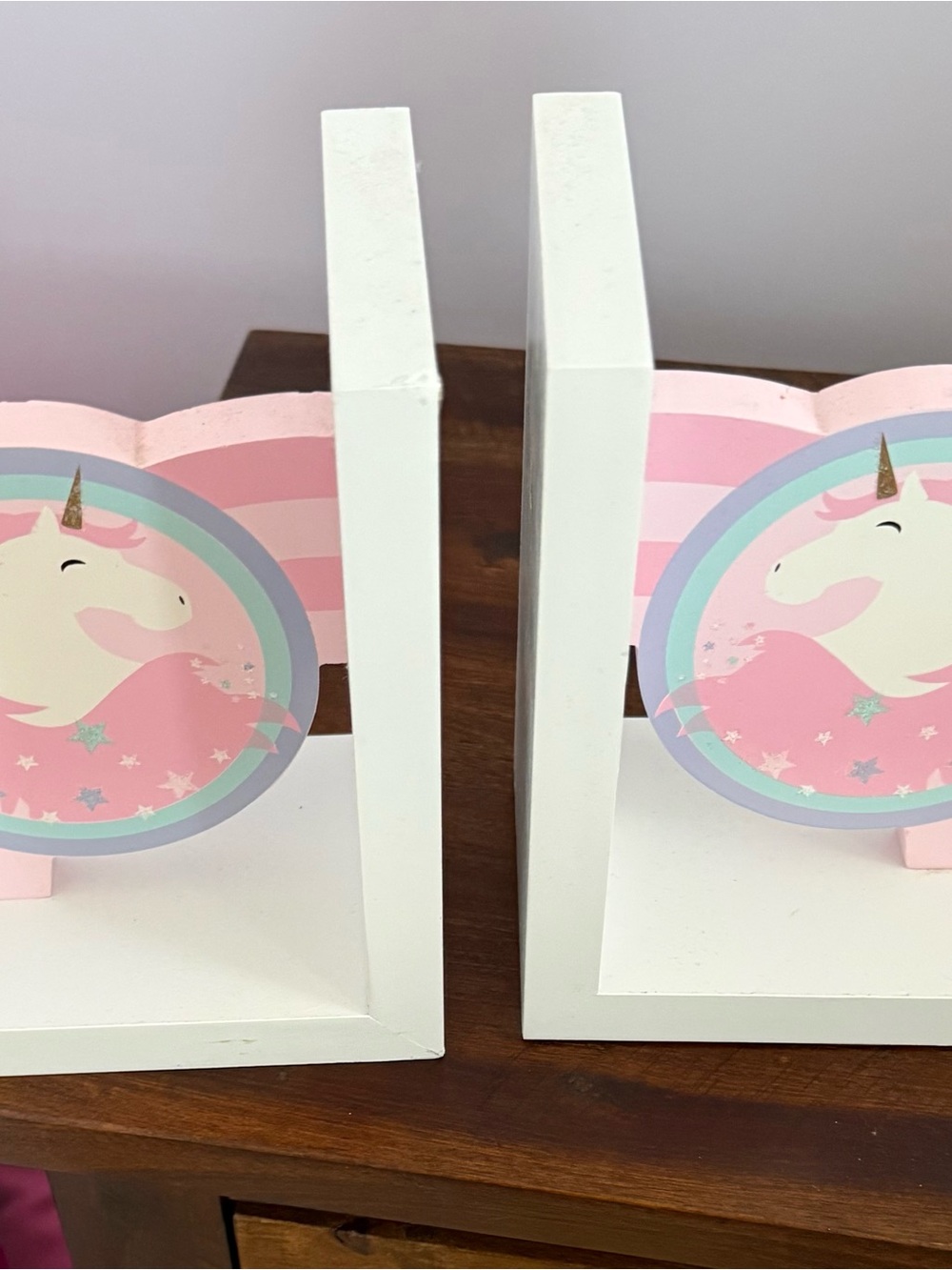 Unicorn Wooden Bookends in Pink and White
